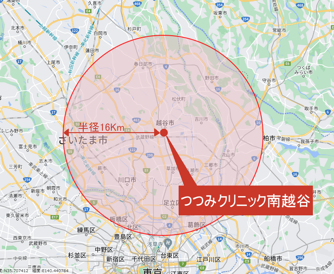 つつみクリニック南越谷の診療エリアマップ